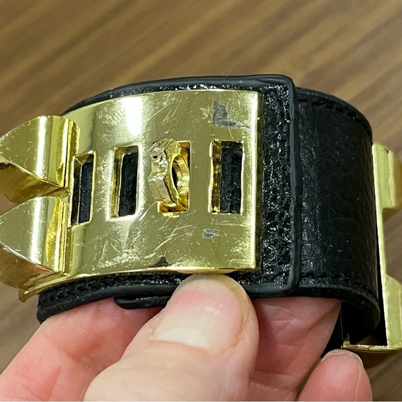 Hermes Collier de Chien leather cuff bracelet noir w/gold hardware fits 6” wrist - Picture 7 of 16